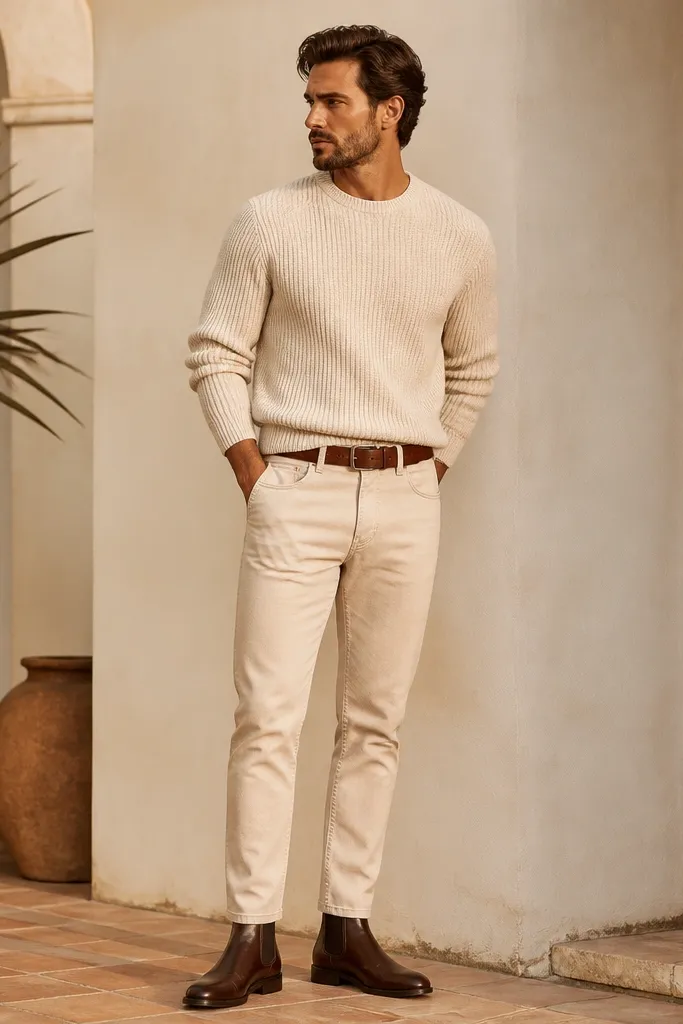 A warm-toned outfit showing dark brown leather chelsea boots with cognac leather belt and tapered cream-beige jeans. A light knit sweater sits above the belt line.