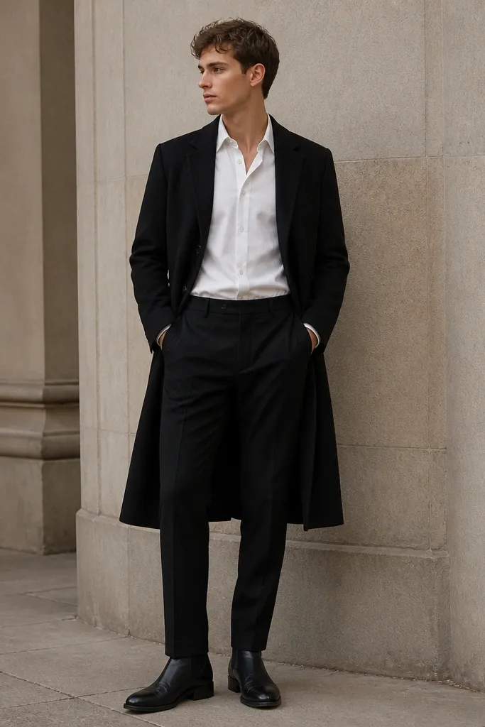 A sharp, minimal outfit with black leather chelsea boots, a white poplin shirt tucked into black trousers, and a long black overcoat. The coat hem falls past the knees.