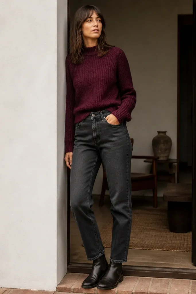 A burgundy knit sweater paired with charcoal grey jeans and black or dark brown leather chelsea boots. The sweater is slightly cropped at the waist, and the jeans show a slight taper.