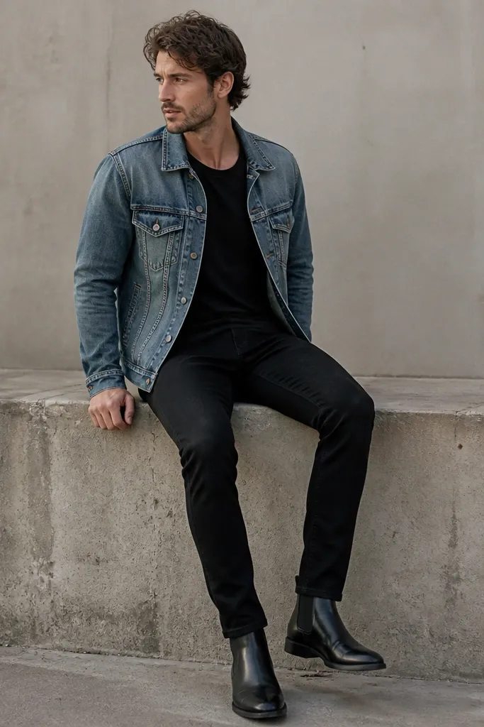 A casual layered look with black leather chelsea boots, a blue denim jacket, black tee, and black jeans. The denim jacket is worn open, showing the black layers underneath.