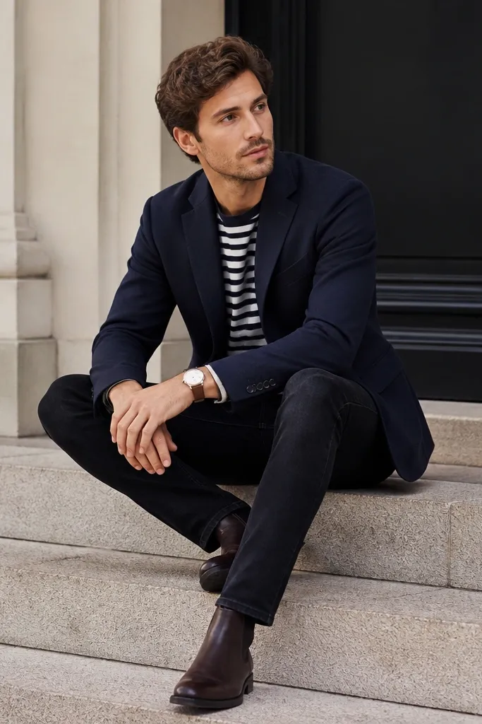 A navy blazer worn over a navy-and-white striped tee, paired with dark brown leather chelsea boots and slim dark jeans. The blazer is unbuttoned, and the stripes peek out at the neckline.