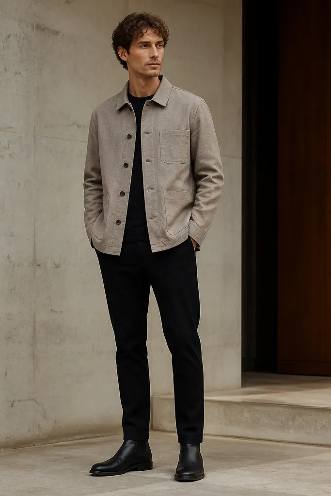 A stone-colored chore coat worn over black tapered pants, with black leather chelsea boots. The coat has visible buttons and a workwear collar.