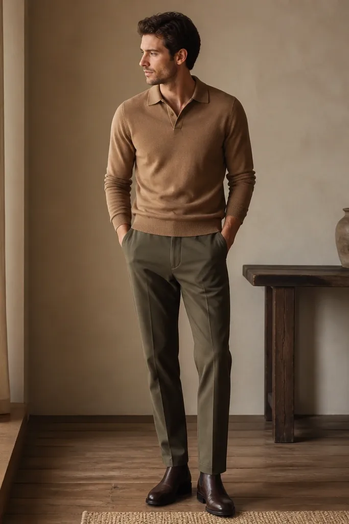 A warm camel knit polo shirt with dark brown leather chelsea boots and olive trousers. The polo collar is open slightly, and the trousers fall in a straight line into the boots.