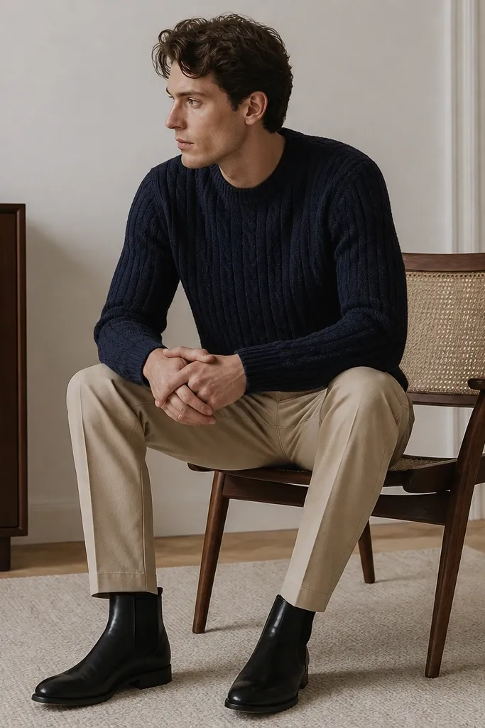 A navy cable knit sweater paired with beige trousers and black leather chelsea boots. The cable texture is visible, and the trousers have a clean crease line.