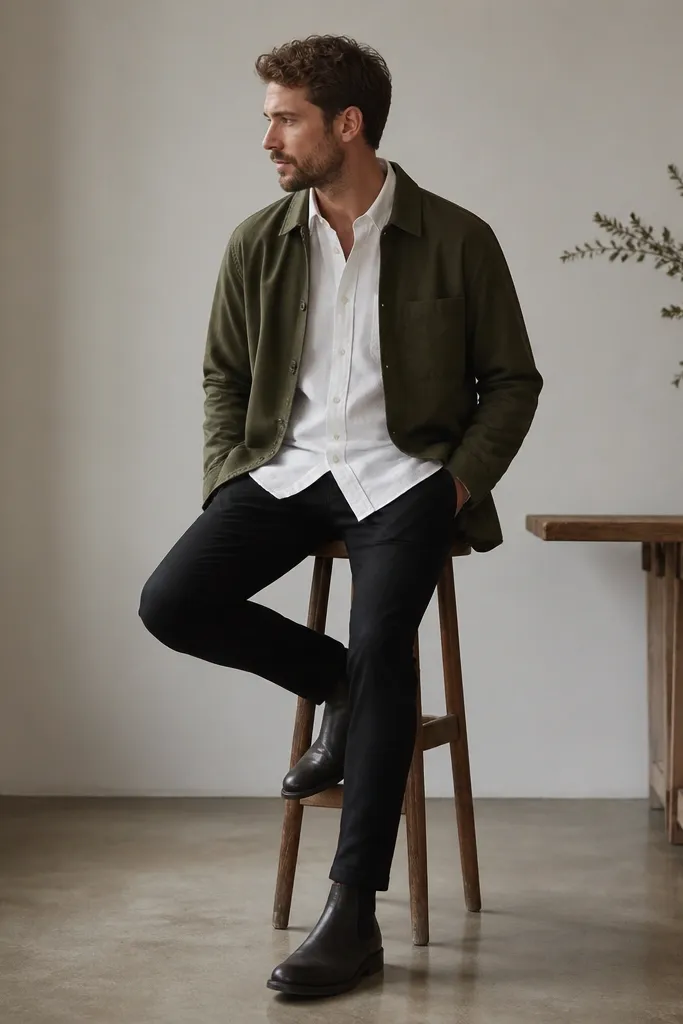 A white button-down shirt layered under an olive overshirt, with black slim pants and dark leather chelsea boots. The overshirt is open and the shirt collar is visible.