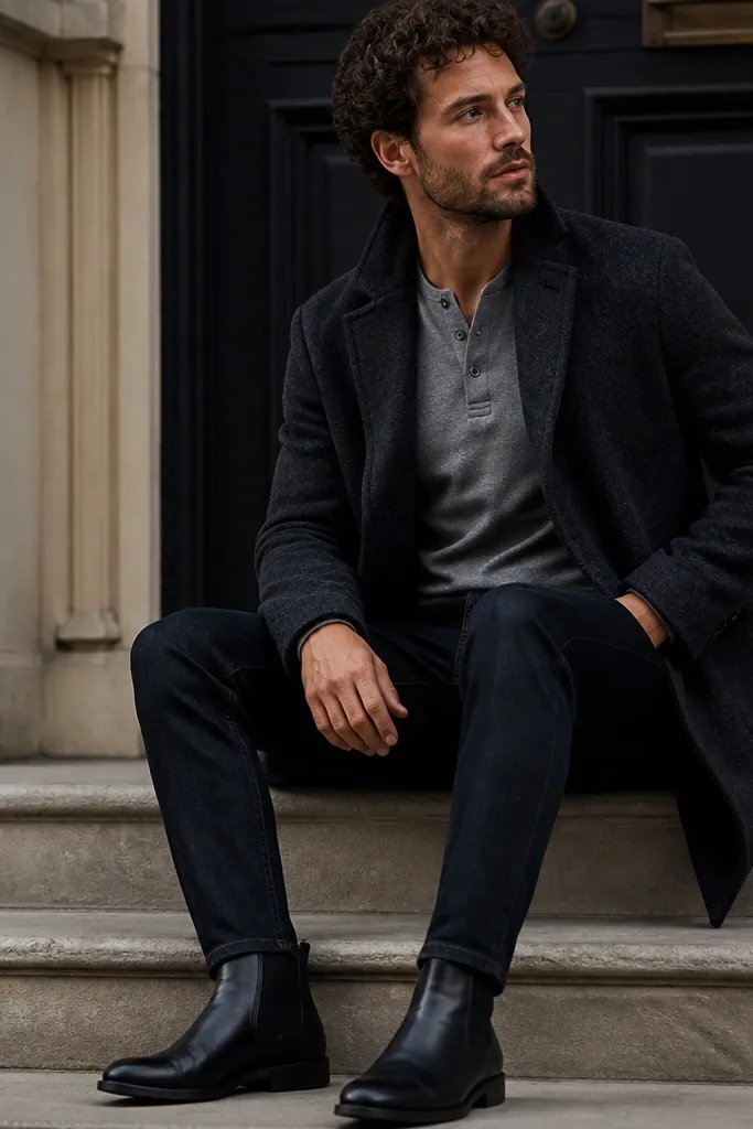 A grey henley shirt layered under a charcoal wool coat, with black leather chelsea boots. The coat collar is up slightly and the henley placket is visible.
