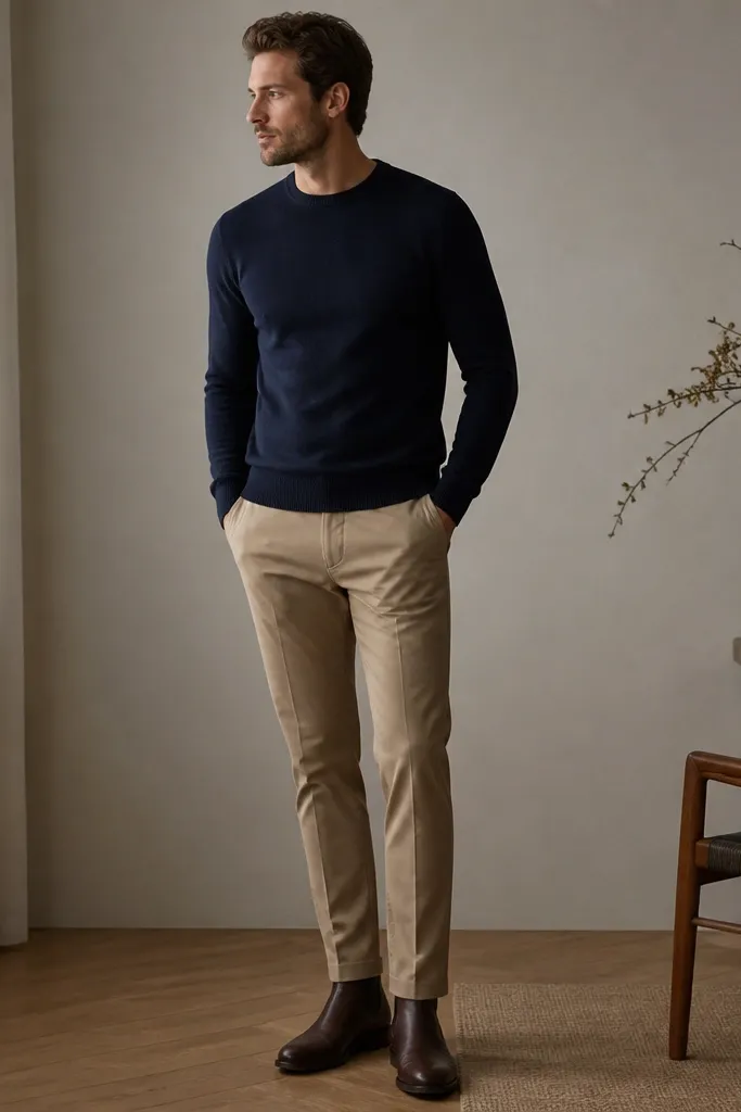 A navy crewneck sweater with tan chinos and dark brown leather chelsea boots. The sweater fits close and the chinos show a clean break at the ankle.