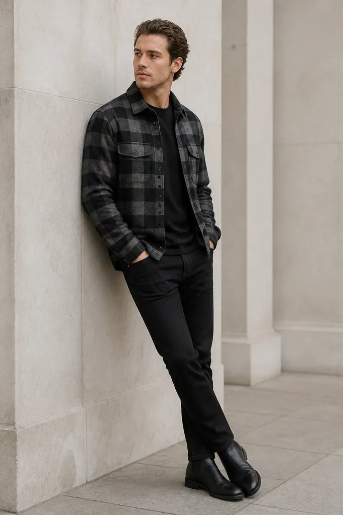 A black-and-grey check overshirt over a black tee, with black leather chelsea boots and black jeans. The overshirt pattern is visible and the outfit is monochrome with a check accent.