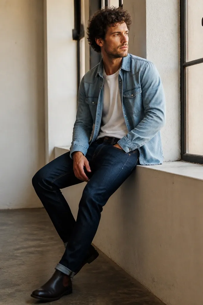 A casual layered look with black or dark brown leather chelsea boots, a white tee, a denim shirt jacket worn open, and dark denim jeans. The denim jacket is light wash compared to the jeans.