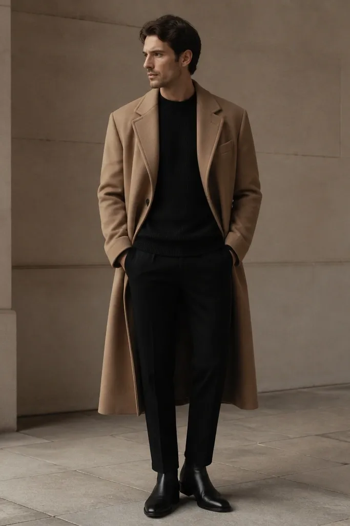 A tan overcoat worn over a black knit sweater and black trousers, with black leather chelsea boots. The overcoat hem is around mid-calf and the boot silhouette is visible.