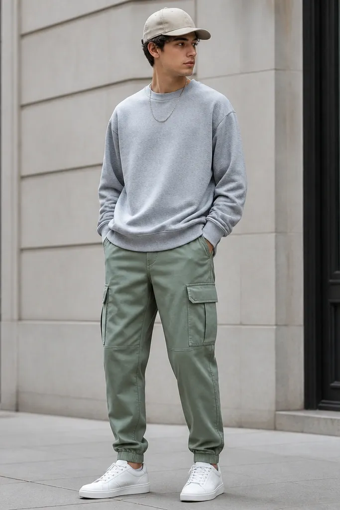 The image shows a casual street outfit: light green cargo pants with tapered legs and visible cargo pocket flaps. The top is a heather gray crewneck sweatshirt slightly oversized, hem hitting mid-hip. White low-top sneakers sit on clean pavement. A thin silver chain and a simple baseball cap complete the look.