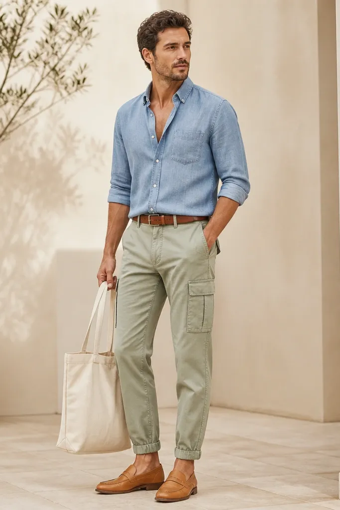 A relaxed smart-casual look: light washed sage cargo pants with a cinched ankle. A light blue chambray button-up is worn partially unbuttoned with the collar sitting neatly. Tan leather loafers and a brown leather belt show clearly. The model holds a canvas tote in natural off-white.
