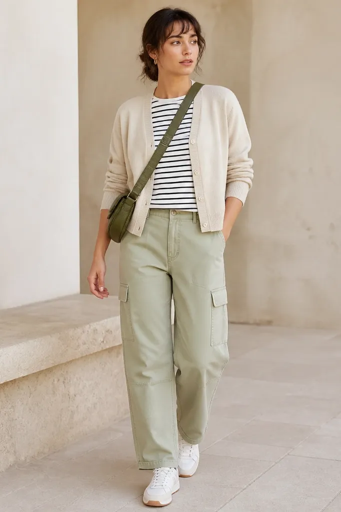 The photo shows light pistachio green cargo pants with a relaxed thigh and slight taper. The top is an oatmeal cardigan worn open over a cream-and-navy striped tee. The model wears white sneakers and a small olive-green crossbody bag. The cardigan buttons are left undone and the sleeves are pushed slightly up.