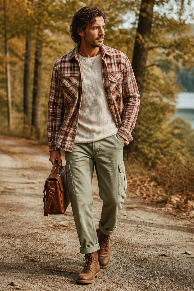 A layered fall look: light sage cargo pants with cuffed ankles. Over the top is a red-and-cream plaid flannel overshirt worn open. Underneath is an off-white thermal with a visible waffle texture. The model wears brown work boots and carries a small leather satchel.
