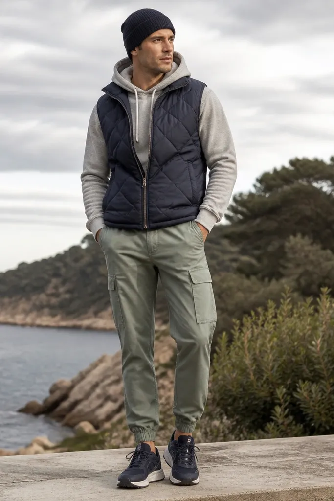 The image shows light green cargo pants with a tapered ankle. A gray hoodie is layered under a navy quilted vest with a stand collar. The hoodie strings are visible and the vest is zipped halfway. The model wears dark sneakers and a knit beanie.