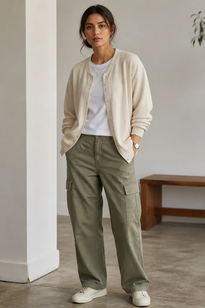 A soft, layered outfit: washed olive light green cargo pants with a straight leg. The top is a cream cardigan shirt with a button front, worn unbuttoned over a plain white tee. The model wears minimal sneakers in bone white with a thin sole. A light watch and small hoop earrings are visible.