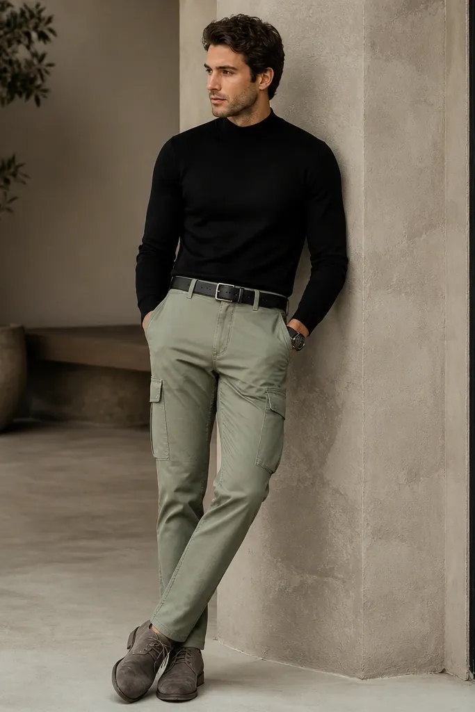 The outfit shows pastel green cargo pants with a clean taper at the hem. The top is a black mock-neck sweater fitted through the chest, with sleeves ending at the wrist. The shoes are gray suede chukka boots. A black leather belt and a simple watch complete the look.