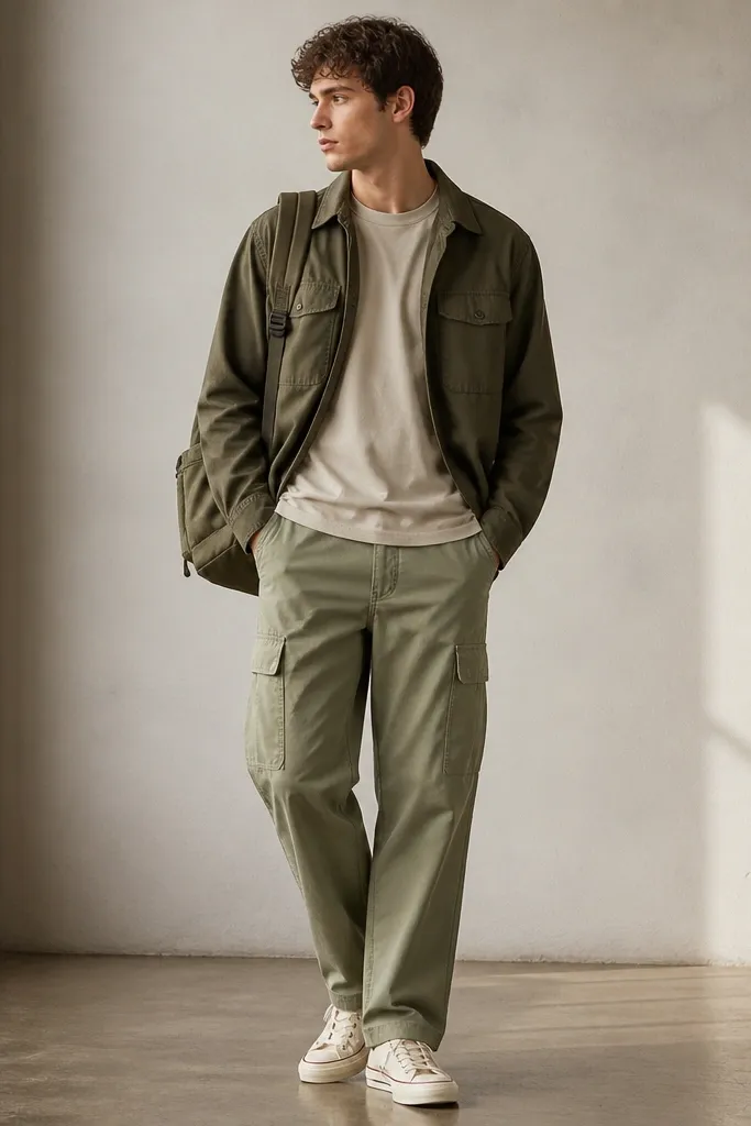 A layered casual outfit: light green cargo pants with a relaxed leg. The model wears a stone crewneck tee under an olive overshirt with flap pockets. The overshirt is open, showing the tee neckline. Shoes are off-white canvas sneakers and a small olive backpack sits on one shoulder.