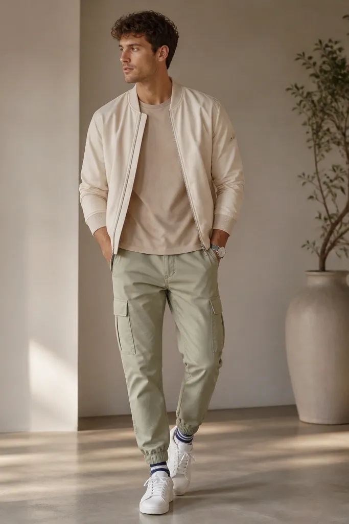 The image shows light sage cargo pants with tapered ankles. A cream bomber jacket is worn zipped halfway, with ribbed cuffs visible. Underneath is a plain beige tee. The model wears white sneakers with navy striped ankle socks and a slim watch.