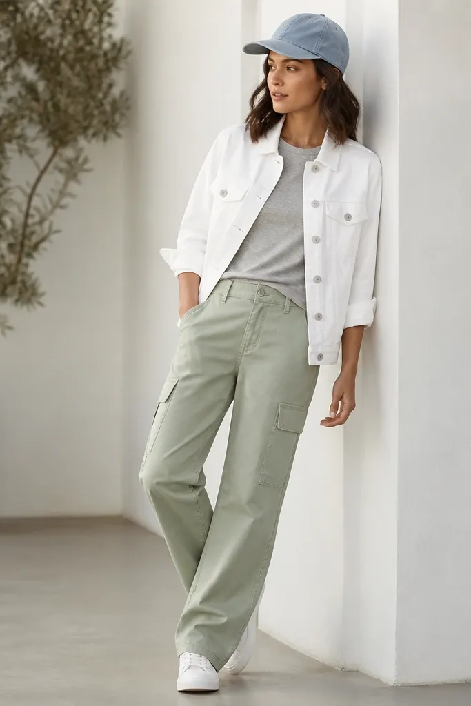 A weekend outfit with light pistachio cargo pants. The top is a white denim jacket with a slightly oversized fit and visible button placket. Underneath is a light gray tee. The model wears a chambray cap in light blue and white sneakers.