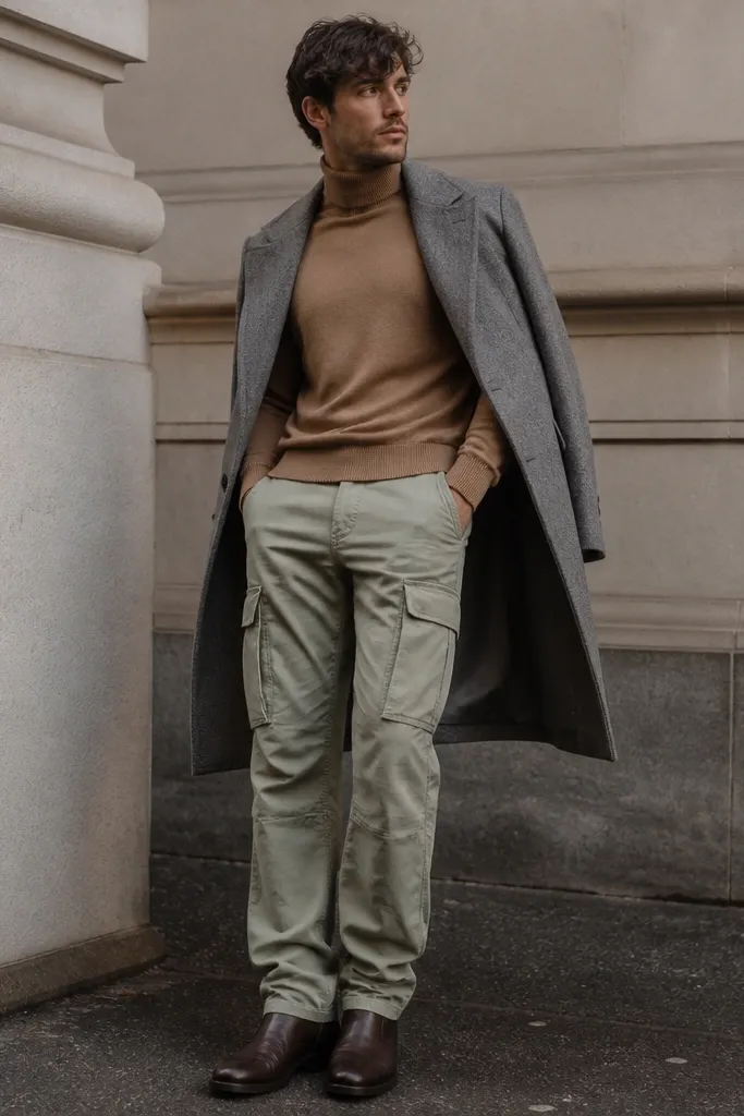 A colder-weather outfit: light sage cargo pants with a straight leg and slight stacking at the hem. The top is a camel knit turtleneck, fitted through the neck and relaxed through the body. Shoes are dark brown leather boots. A long wool coat in gray is draped open behind the model, but the focus is on the turtleneck and cargos.