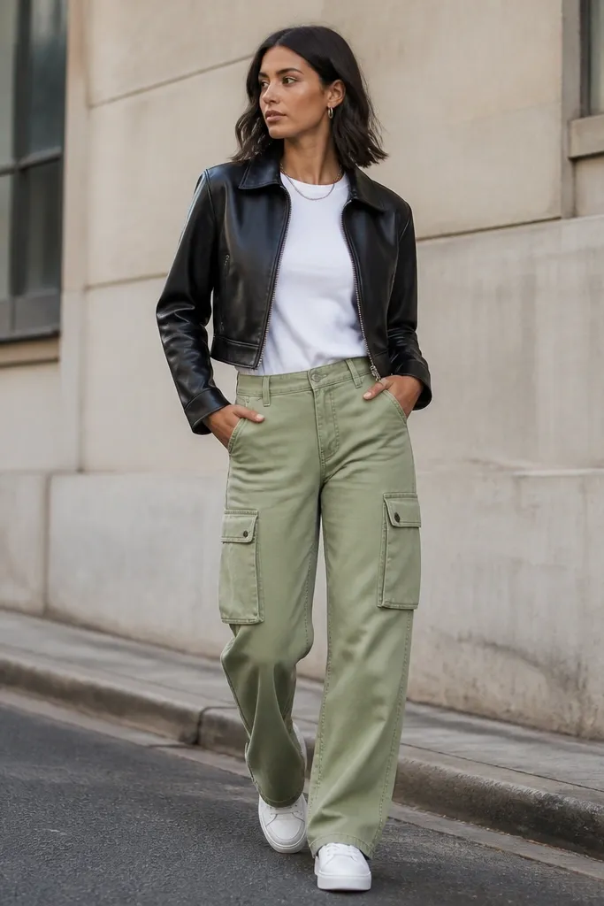 A street-style look: light green cargo pants with a straight leg. The top is a black leather jacket with a cropped cut and zip front over a plain white tee. The model wears white low-top sneakers and small silver hoop earrings. A silver chain necklace sits at the collarbone.