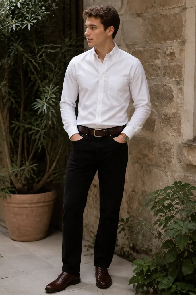 A man in a white Oxford button-down tucked into black straight-leg jeans, wearing a dark brown leather belt and a clean brown leather watch strap. He's in a casual outdoor setting; the shoes are dark brown low-profile derbies with a slight shine. The top looks slightly crisp at the collar, with sleeves down and a neat tuck.