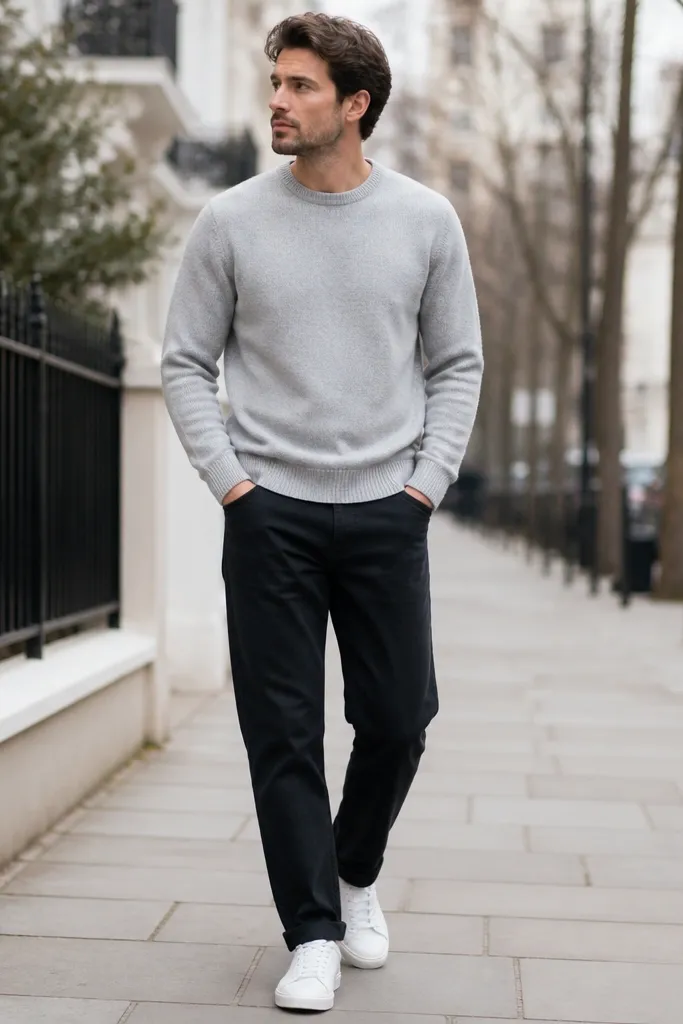 A man wearing a light grey crewneck sweater over black jeans with a relaxed straight fit. He has white low-top sneakers on, with no visible scuffs. The sweater sits cleanly at the waist and the hem is slightly long but not covering the crotch. The scene looks like a city sidewalk with soft daylight.