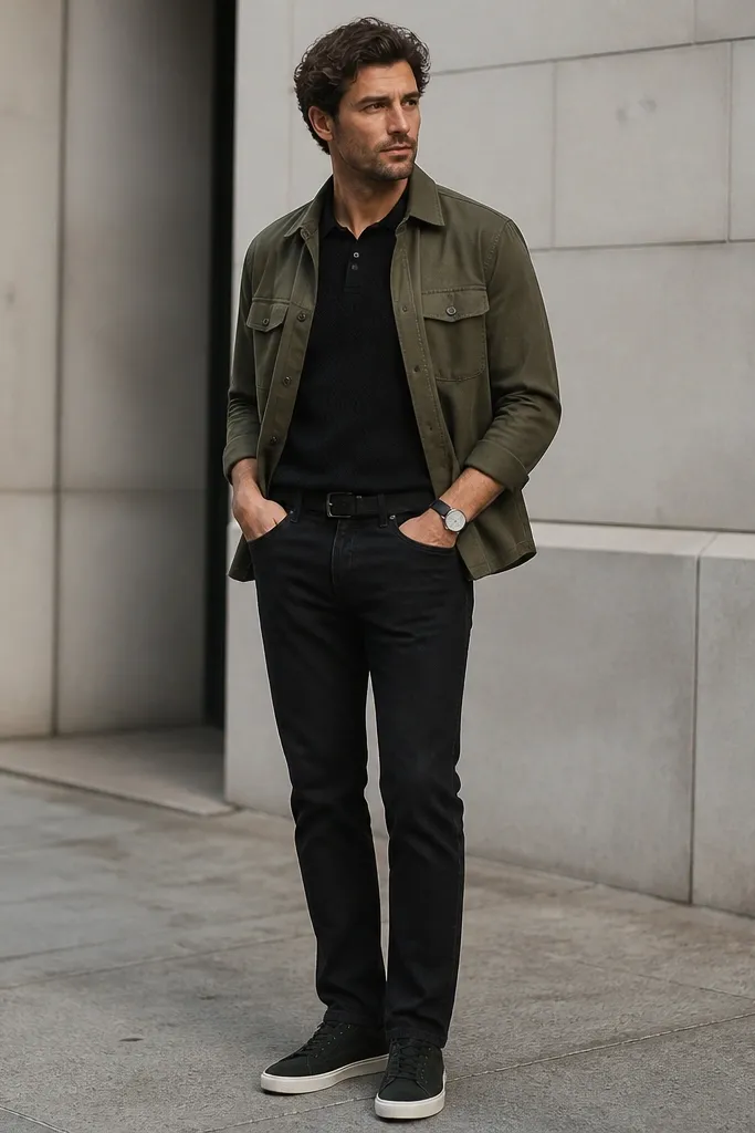 A man wearing a black knit polo tucked slightly into black jeans, layered with an olive green lightweight overshirt. The overshirt has two chest pockets and is worn open. He wears dark green or black sneakers with a clean sole and a simple wristwatch.