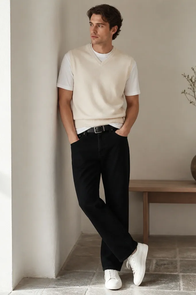 A man wearing a cream cable-less sweater vest over a plain white crew tee, layered with black straight-leg jeans. He has a clean dark belt and wears white sneakers. The vest sits flat at the shoulders and the tee peeks at the collar and hem.