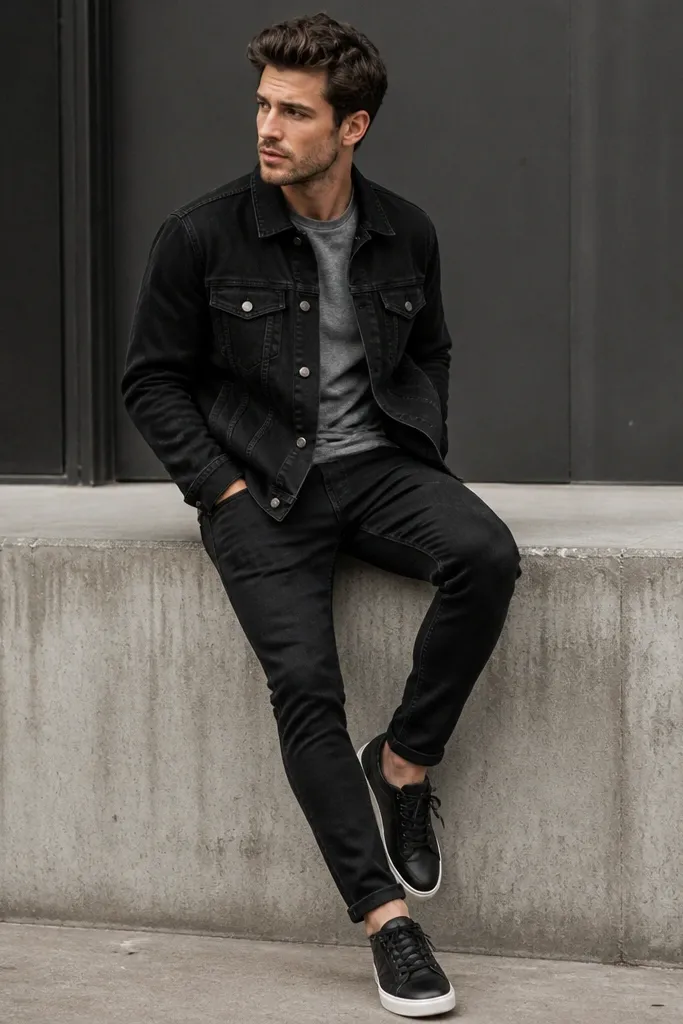 A man wearing a black denim jacket over a heather grey crew tee, paired with black jeans. The jacket has metal buttons and two chest pockets. He wears black low-top sneakers with white midsoles and keeps the outfit monochrome with subtle texture difference.