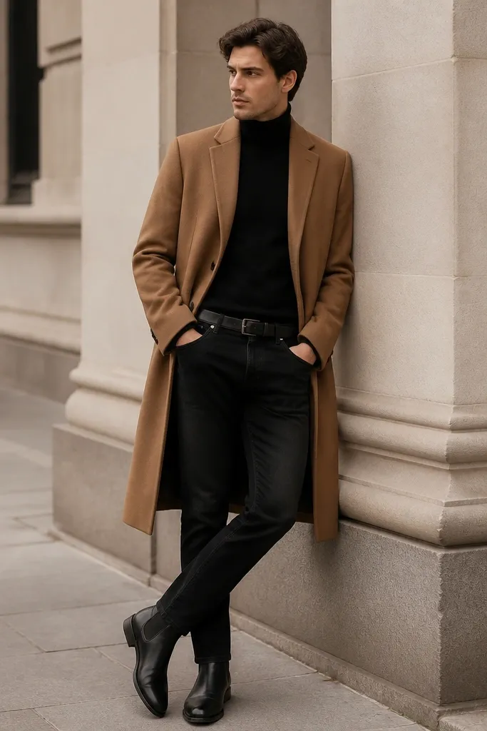 A man wearing a camel overcoat over a black turtleneck sweater and black jeans. The overcoat is knee-length with a clean lapel and minimal hardware. He wears black leather Chelsea boots and a dark belt is visible at the waist.