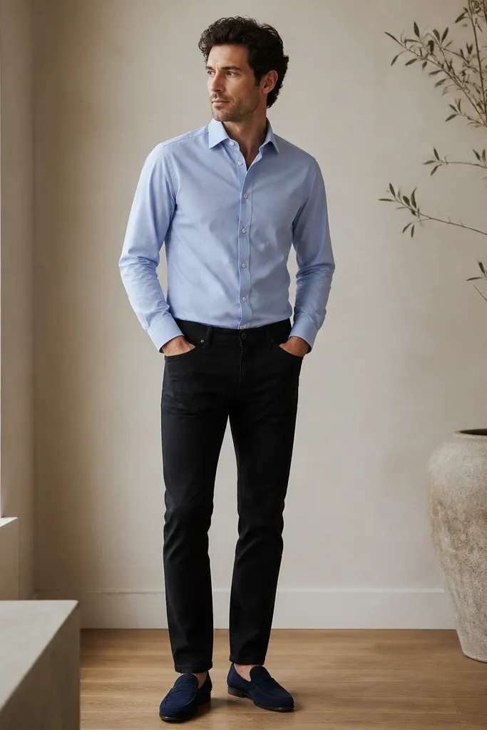 A man wearing a light blue poplin button-down tucked into black jeans, sleeves down. He's wearing navy suede loafers and a brown belt is not visible because the shirt is tucked cleanly under a smooth waistband. The image shows a neat collar and a calm, clean color palette.