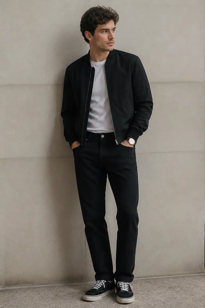 A man in a white crewneck tee tucked slightly into black jeans, wearing a black bomber jacket with ribbed cuffs. The jacket is zipped halfway. He wears black sneakers with white laces and a simple wristwatch.