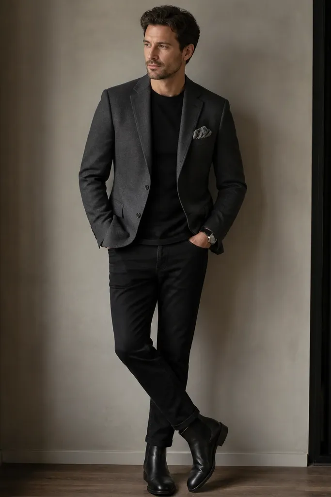 A man wearing a charcoal wool-blend blazer over a black crew tee, paired with black jeans. The blazer has two buttons and a clean pocket square in grey. He wears black leather Chelsea boots and a watch. The outfit looks tailored at the shoulders and relaxed at the waist.