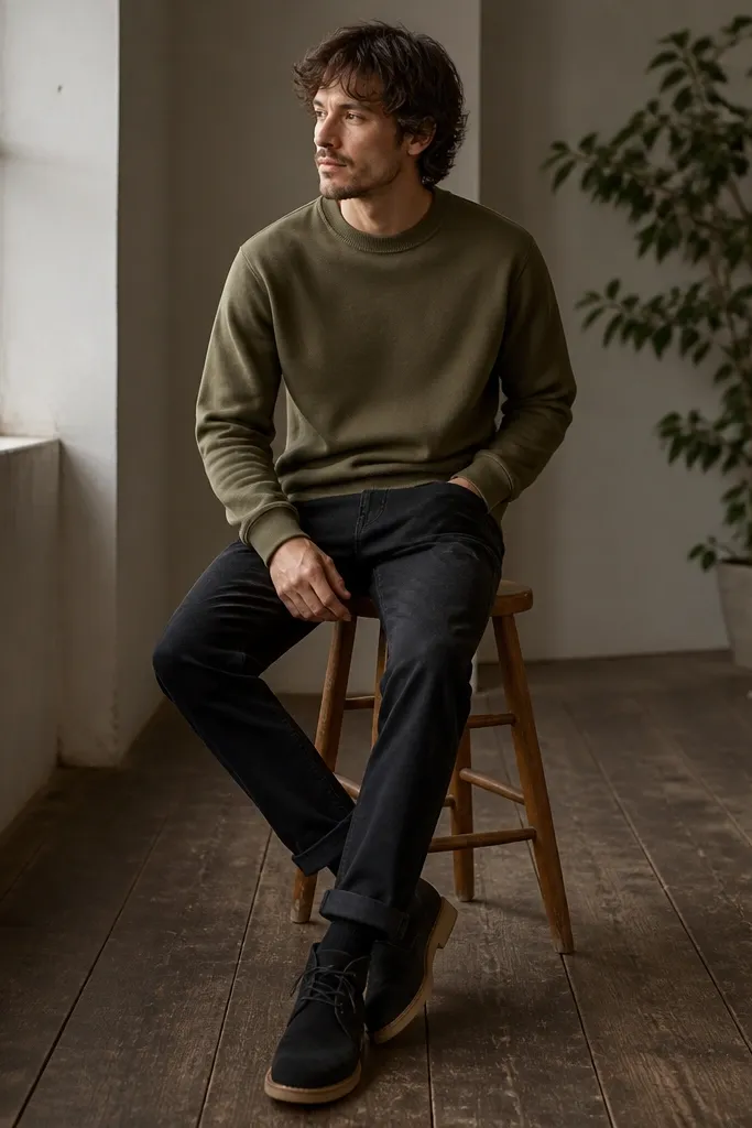 A man wearing an olive crewneck sweatshirt with a slightly structured collar, paired with black jeans. He's wearing black suede chukka boots with crepe soles. The outfit is photographed indoors near a window, showing the matte textures of sweatshirt and suede.