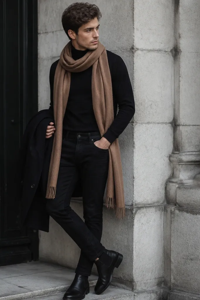A man wearing a fitted black turtleneck and black jeans with a long camel scarf wrapped loosely around the neck. He has black boots on and a dark coat is partially visible. The scarf looks wool and matte, with a soft drape.