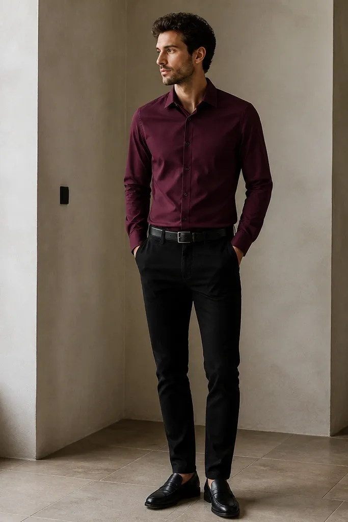 A man wearing a burgundy button-up shirt tucked into black jeans, with sleeves down and a neat collar. He wears black leather loafers and a black belt. The photo shows the burgundy color deep and matte, not glossy.
