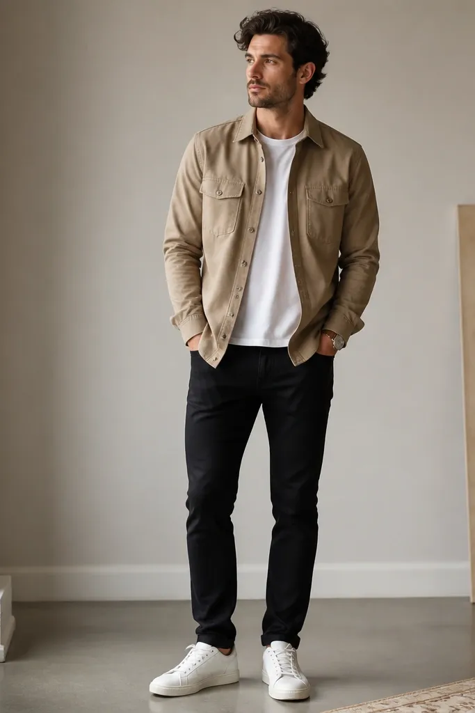 A man wearing a sand-colored overshirt open over a white crew tee, paired with black jeans. The overshirt has two chest pockets and slightly structured shoulders. He wears white sneakers and a simple watch. The sand fabric looks cotton or twill, matte and sturdy.