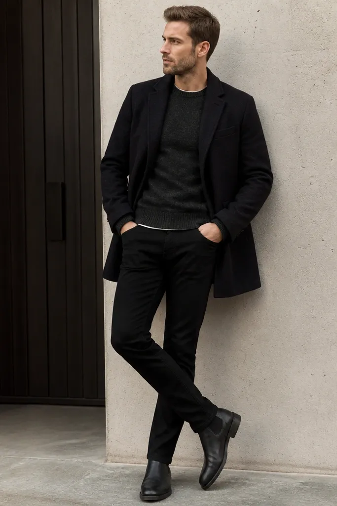 Low maintenance black jeans outfit mens smart casual