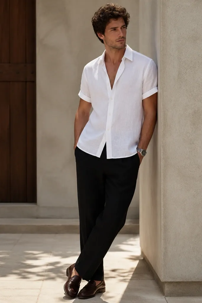 A model wearing black linen straight-leg pants with a white short-sleeve linen button-up left slightly open at the chest; the sleeves are cuffed once and the shirt hem sits untucked over the waistband; brown leather loafers and a silver watch are visible.