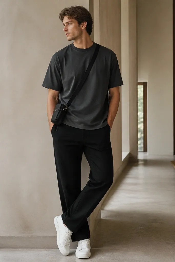 Charcoal crewneck T-shirt worn slightly oversized but not baggy; black linen pants with a straight leg; clean white leather sneakers; a black crossbody bag sits at the hip.