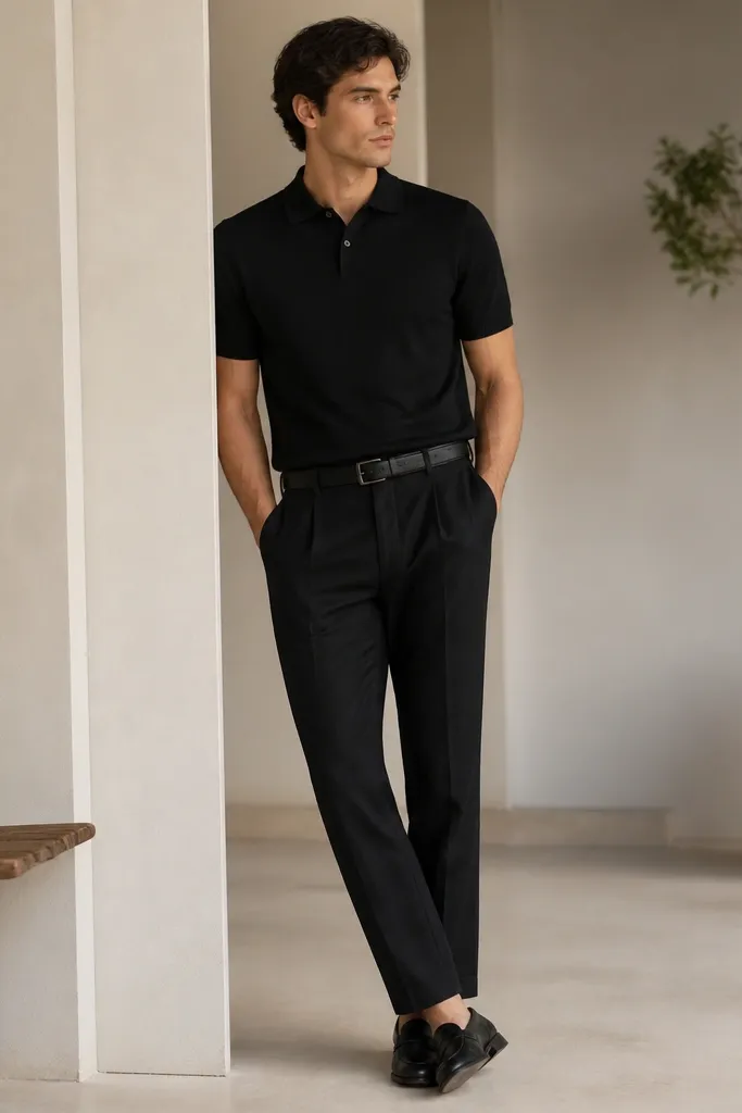 A black knit polo with a two-button placket worn with black linen pants; the polo is tucked at the front; black leather loafers and a matte black belt are visible.