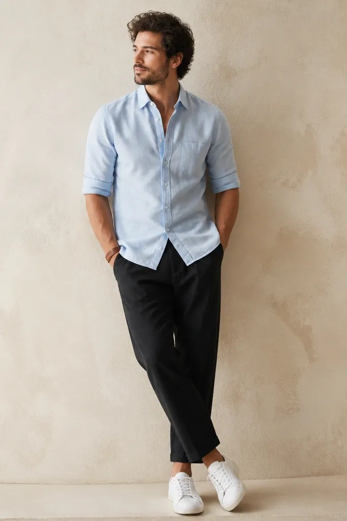 A light blue long-sleeve button-up worn rolled at the forearm; black linen pants; sleeves rolled to mid-bicep; white sneakers and a brown leather bracelet are visible.