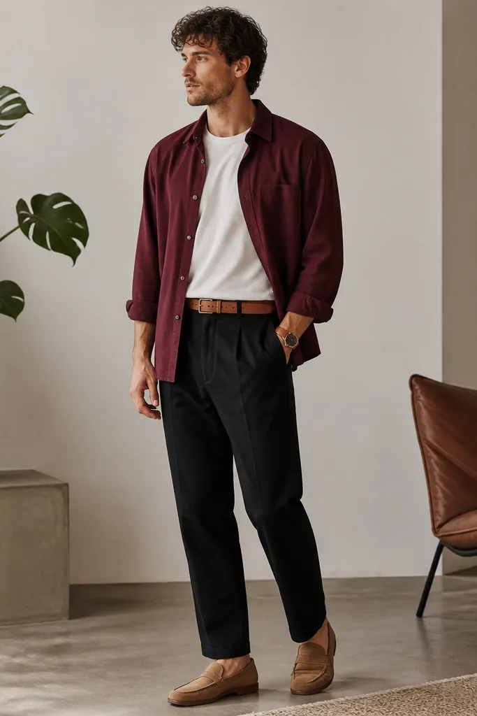Black linen pants with a burgundy overshirt worn open; a white tee peeks underneath; tan leather belt and tan loafers; a watch with a brown strap.