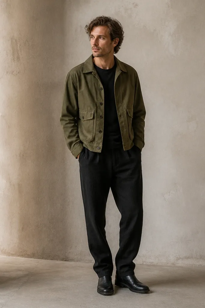 A short olive field jacket worn over a black tee; black linen pants; black leather boots; the jacket hem sits at the hip and the pants break over the boot tops.