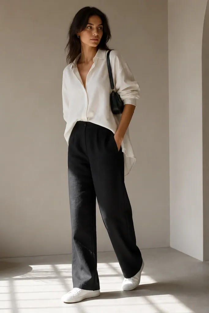 An off-white oversized button-up with sleeves pushed up; the front is half tucked into black linen pants; the back hangs longer; white sneakers and a small black shoulder bag.