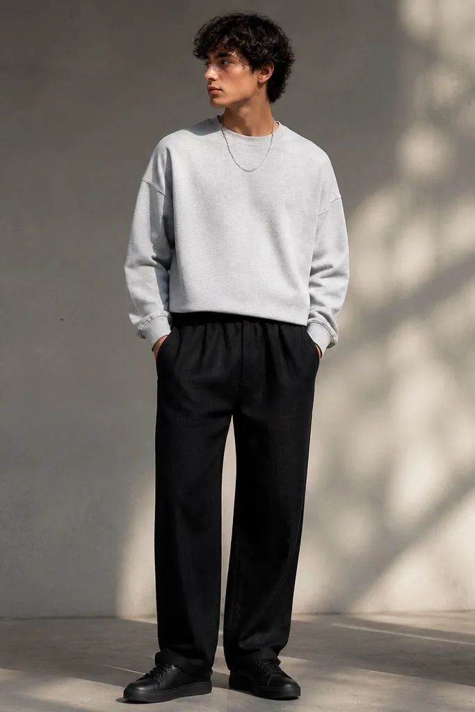 Black linen pants with a cropped light gray sweatshirt worn over the waistband; the sweatshirt hem sits above the hip; black minimalist sneakers; a silver chain is visible.