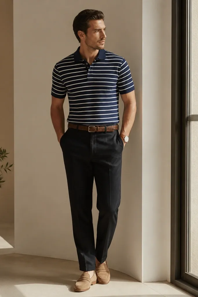 A navy and white striped polo shirt worn tucked into black linen pants; tan loafers; a woven belt; a watch with a tan strap; the collar sits neatly.