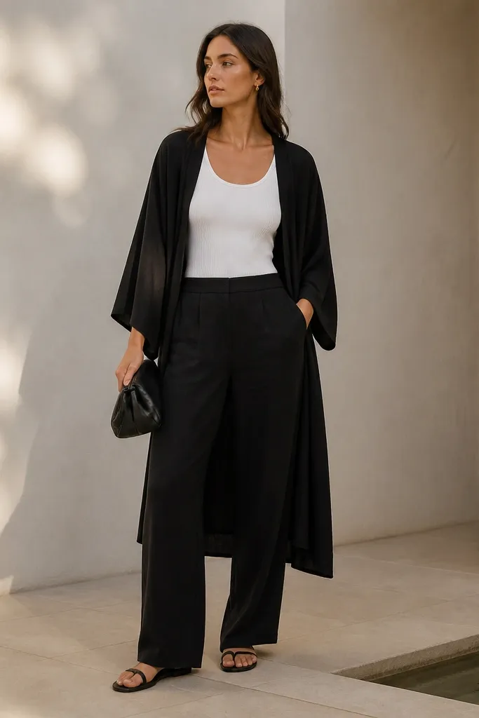 A white rib tank tucked into black linen pants, layered under a lightweight black kimono-style cover with an open front; flat leather sandals; a small black clutch.